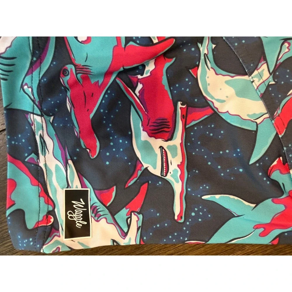 Waggle Golf Hammerhead Shark Polo Shirt Mens Medium Teal Pink Navy Performance - Picture 5 of 7